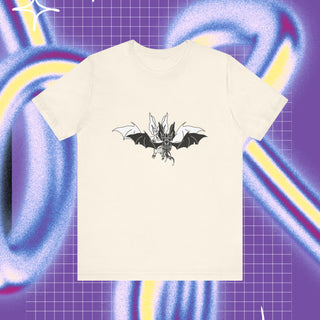 a t-shirt design, on the front there are two bats, one black,one withe, on the back there is a traditional tattoo style bat in a flowerframe