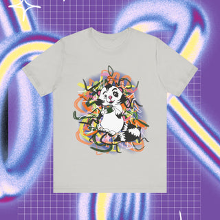 A t-shirt with a cartoonish racoon looking animal holding a sushi bite with graffiti backround and on the back of the shirt there is a pair of chopsticks and graffiti