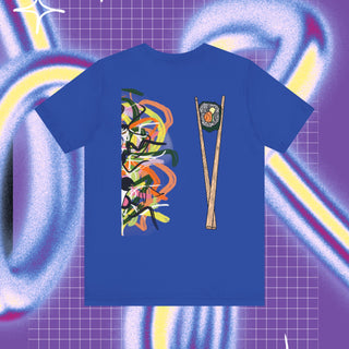 A t-shirt with a cartoonish racoon looking animal holding a sushi bite with graffiti backround and on the back of the shirt there is a pair of chopsticks and graffiti