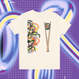 A t-shirt with a cartoonish racoon looking animal holding a sushi bite with graffiti backround and on the back of the shirt there is a pair of chopsticks and graffiti