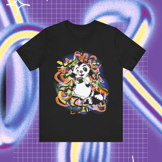 A t-shirt with a cartoonish racoon looking animal holding a sushi bite with graffiti backround and on the back of the shirt there is a pair of chopsticks and graffiti