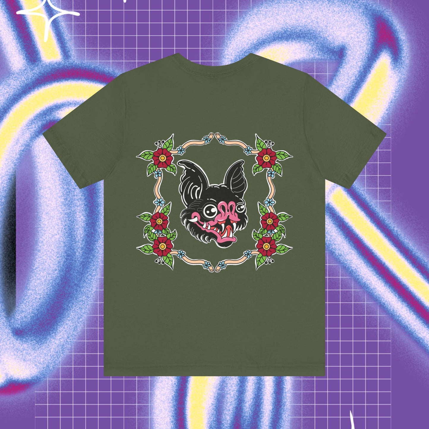 a t-shirt design, on the front there are two bats, one black,one withe, on the back there is a traditional tattoo style bat in a flowerframe