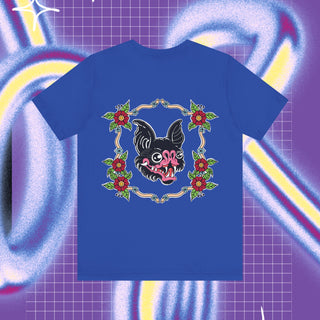 a t-shirt design, on the front there are two bats, one black,one withe, on the back there is a traditional tattoo style bat in a flowerframe