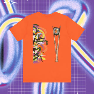 A t-shirt with a cartoonish racoon looking animal holding a sushi bite with graffiti backround and on the back of the shirt there is a pair of chopsticks and graffiti