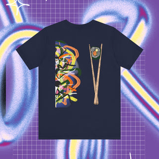 A t-shirt with a cartoonish racoon looking animal holding a sushi bite with graffiti backround and on the back of the shirt there is a pair of chopsticks and graffiti