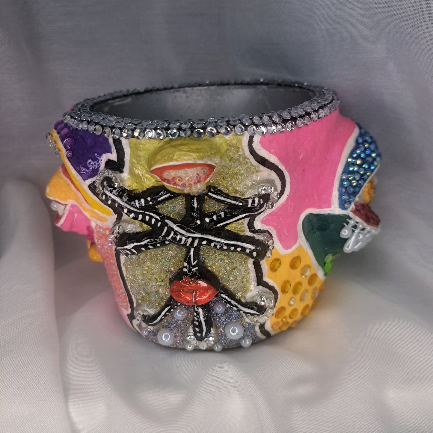 Pot of many faces: Unique bedazzled✨️ hand sculpted indoor flowerpot